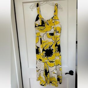 Tuleh NEW Silk Sleeveless Floral Midi Dress Yellow Black White Womens 6 Luxury